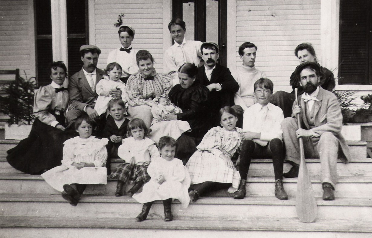 The Douglas Family, 1897. Back row: Alexander Douglas, Frederick Douglas. Middle row: Ida and Edwin Baker, Robina Baker, Florence Read, Mary Douglas holding Douglas Read, George Ellery Read, Edward Douglas, Douglas Weir, Robert Stanley Weir, Margaret Weir. Front Row: Winnifred Weir, Reg Baker, Alex Baker, Marjorie Weir, Beatrice Weir
